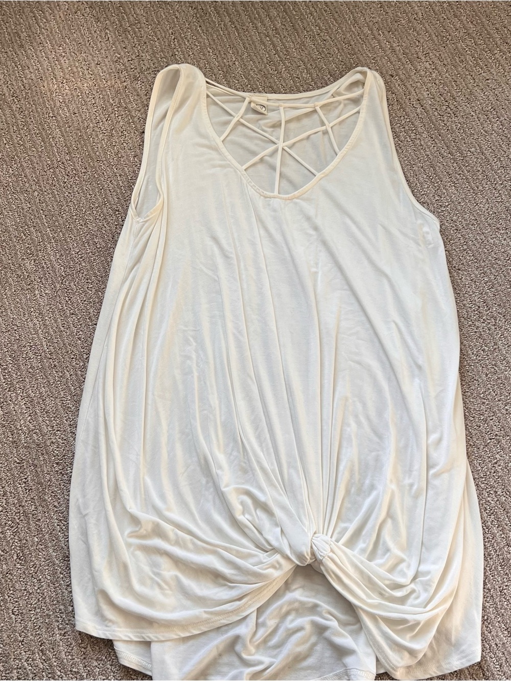 Sleeveless Cream Knot-Front Tank with lattice neckline